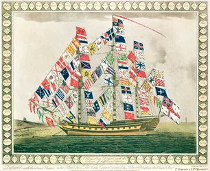 Et kongeskip pyntet med flaggene til forskjellige nasjoner, 6. oktober 1794